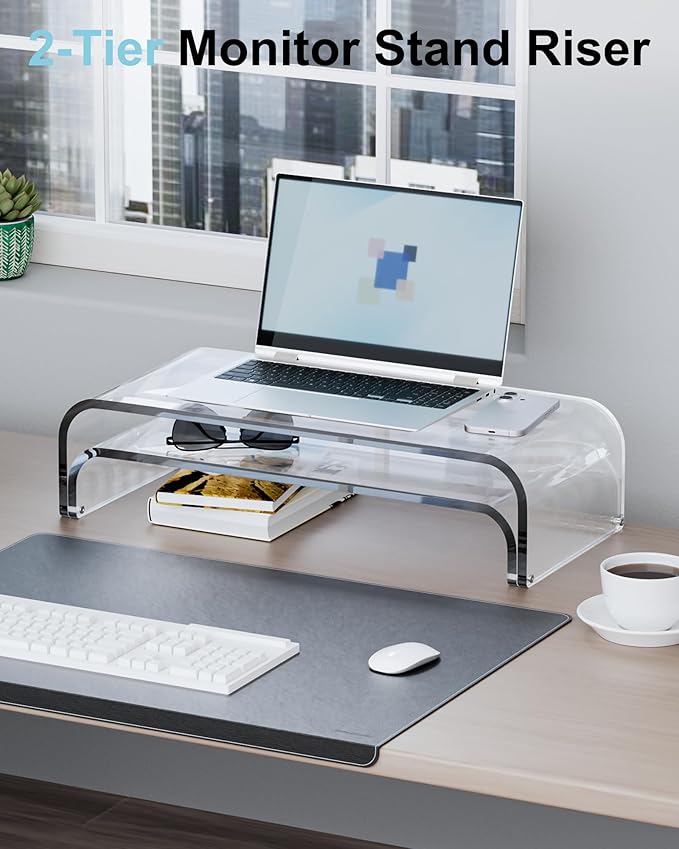 Acrylic Dual Monitor Stand Riser 2 Tier, Modular Laptop Stand for Desk, Multifunctional Desktop Organizer Shelf for PC, iMac, Printer, Detachable Monitor Stand for Office or Home, Clear