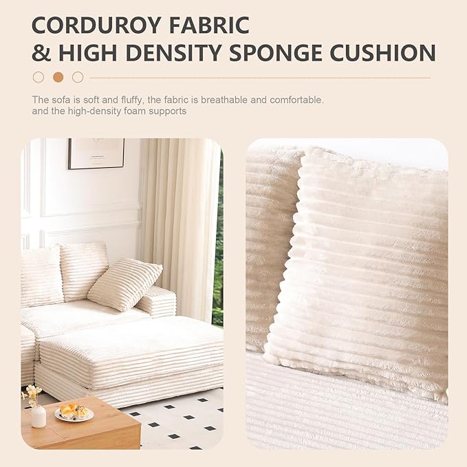 108" Oversized Sectional Sofa Modular Deep Seat Sofa Couch with Storage Ottoman, Modern Comfy Upholstered Cloud Couches, L-Shaped Corduroy Sofa Chaise with 8 Pillows for Living Room, Apartment, Beige