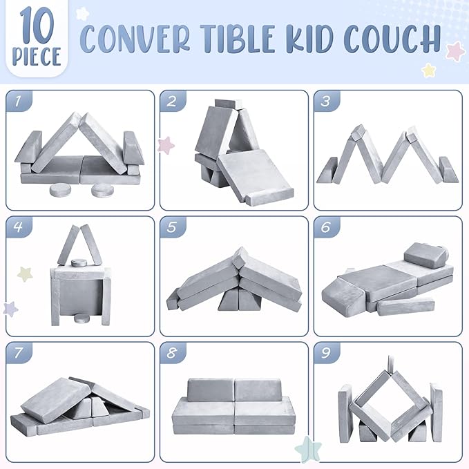 10Pcs Kids Play Couch,Toddler Sofa,Modular Kids Couch for Playing, Creativing, Sleeping (Grey)