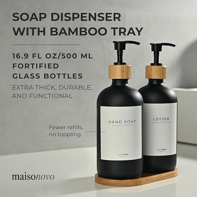Maisonovo Glass Soap Dispenser Bathroom Set | Hand Soap and Dish Soap Dispenser Set | 16.9oz Amber Bottles with Black Bamboo Pump | Bathroom Lotion Dispenser Set of 2