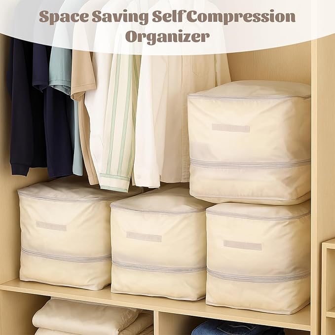 3 Pack 3-Layer Blanket Storage Organizer Comforter Storage Bag Large Capacity Compression Bags Washable Ultra Space Saving Self Organizer for Sweaters Sheets Clothes Pillow Beige