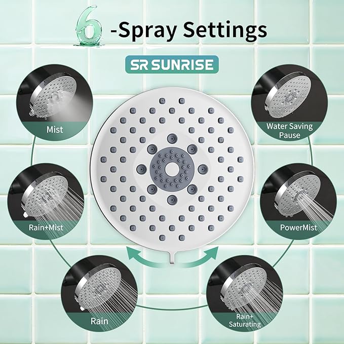 SR SUN RISE Filtered Shower Head with Filters- High Pressure Rain Shower Head,with 20-Stage shower Filter,6 Spray Modes for Hard Water Softener, Remove Chlorine & Heavy Metals (Chrome,5.5 Inch Round)