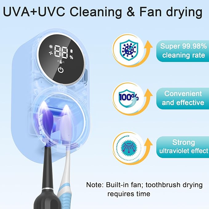 Toothbrush Holder and Cleaner Razor Holder/Dryer Light Cleaning and Air Drying Automatic Ratating Cover Rechargeable Wall Mounted for Bathroom Portable for Trip