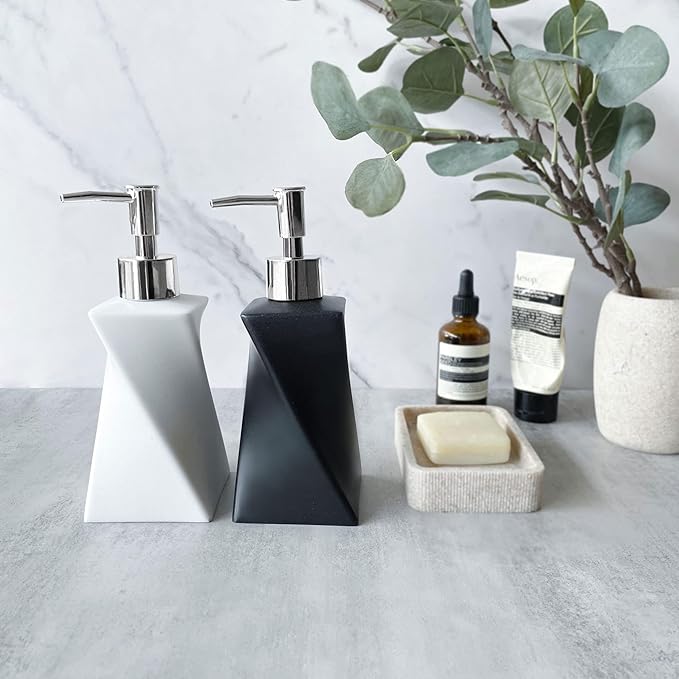 2 Pack Modern White & Black Soap Dispenser Set with Silver Pump for Bathroom and Kitchen, Contemporary Art Style, Matte Finish, Rust Proof, 8.5oz