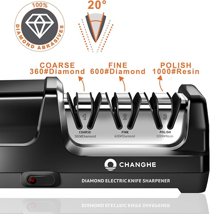 Electric Kitchen Knife Sharpener,3 Stages Diamond Abrasives of 360 Grit,600 Grit and 1000 Grit for Sharpening Stainless Steel Knives and Ceramic Knives, for Kitchens and Restaurants (20° Angle)