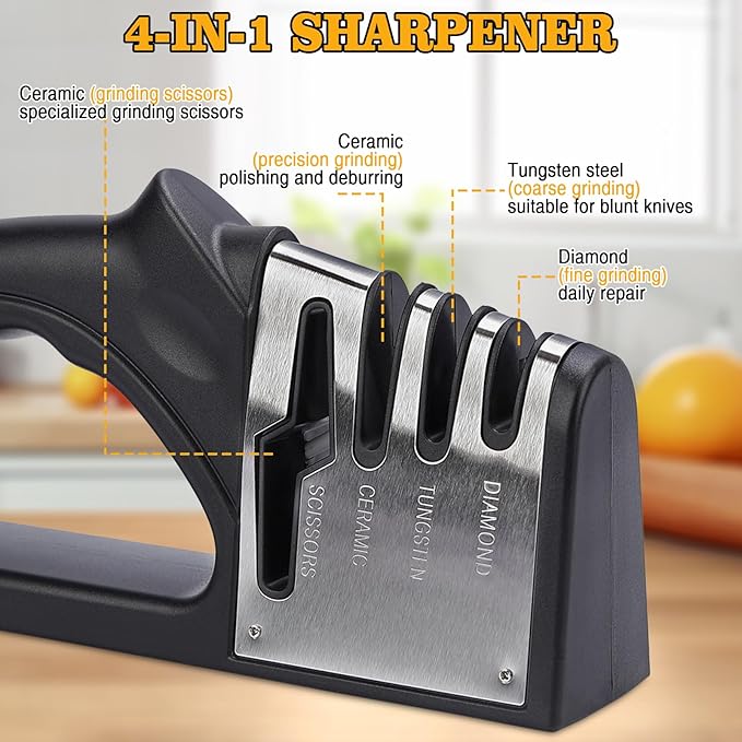 4-in-1Manual Knife Sharpener Suitable for kitchen knives, fruit knives, steel knives, scissors, and 3-level precision sharpening.Non slip base, suitable for home use (black)