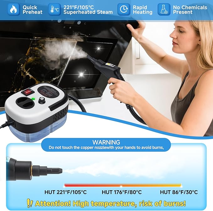 Steam Cleaner, 6-Level Adjustable Handheld Steamer Cleaning,1500W Steam Cleaner for Home, 15s Heat-Up, Portable Steamer for Cleaning Car, 40.58oz Tank, 10 Pcs Accessories for Grout, Couch, Furniture