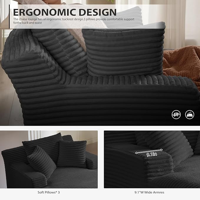 50 Inches Chaise Lounge Indoor, Oversized Chaise Lounge Chair with 3 Throw Pillows and Armrests, Corduroy Upholstered Plush Sofa Bed Lazy Chair Bed Sleeper Chair for Living Room Apartment (Black)