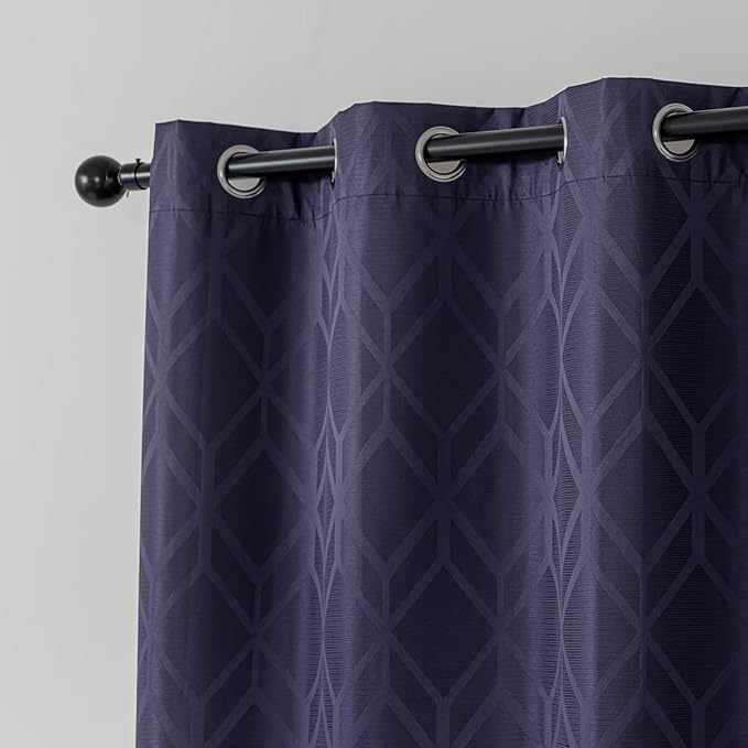 Amazon Basics Jacquard 2-Piece 100% Blackout Curtains, Living Room and Bedroom Drapes, Thermal Insulated Window Treatment, 42"x95", Dark Blue