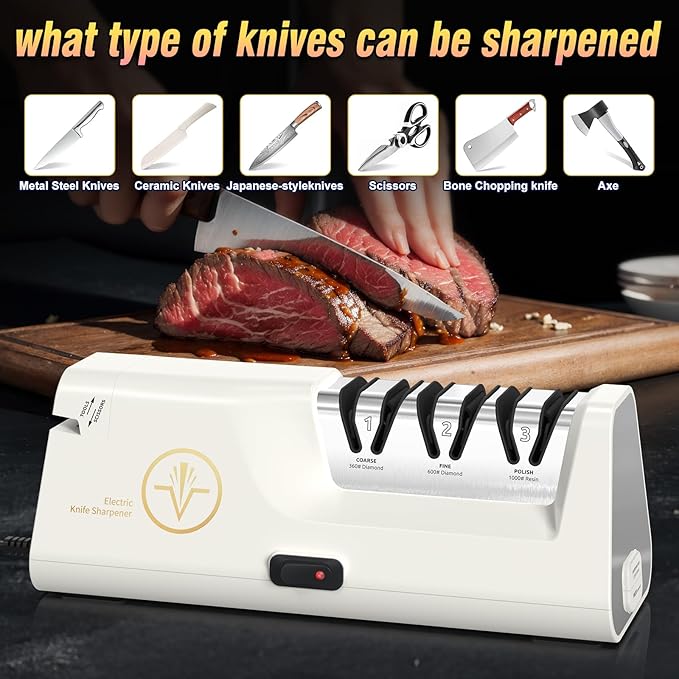 Professional Electric Knife Sharpeners with Diamond Abrasives and Precision Angle Guides, Multifunctional 4-Stage Slots and a hidden Knife Sharpener Rod, Suitable for various knives, scissors, axes ﻿