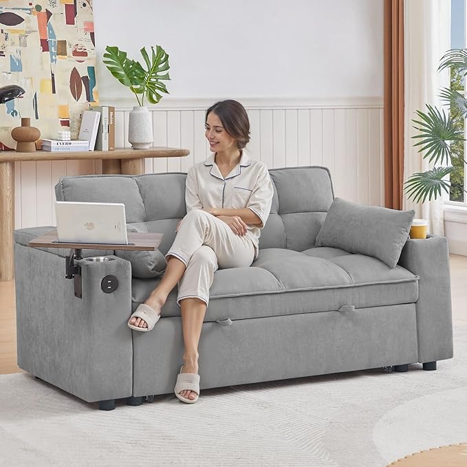 65'' Convertible Sofa Bed 3-in-1 Pull Out Couch, Folding Sleeper Sofa with 360° Swivel Side Table, Modern Chenille Fabric Futon, Small Space Living Room Furniture, Easy Assembly