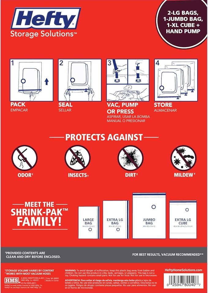 Hefty Shrink-Pak Starter Kit - 2 Large, 1 XL Cube, 1 Jumbo Vacuum Seal Storage Bag and Hand Pump – Space Saver Bags for Clothing, Pillows, Towels, or Blankets, 5 Pc Set