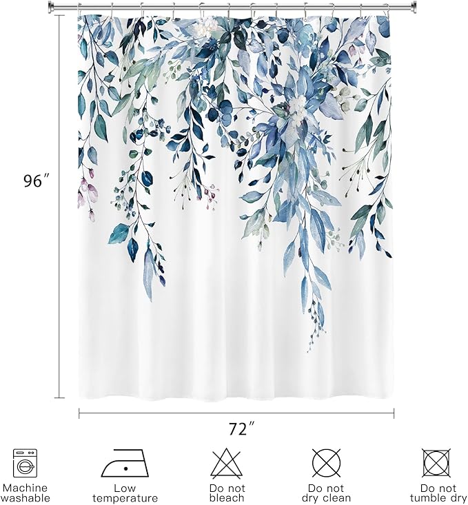 Extra Long Eucalyptus Shower Curtain 72 x 96 Inch, Blue Botanical Floor to Ceiling X-Long Shower Curtain, Watercolor Plant Leaves with Floral Decorative Bathroom Curtain with Hooks