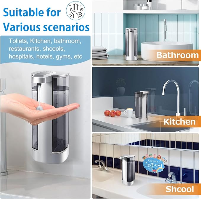 Automatic Liquid Soap Dispenser, Rechargeable, Touchless, 17oz/500ml with 4 Adjustable Soap Levels, Wall Mount & Waterproof, Liquid Hand/Dish Soap Dispenser for Bathroom Kitchen