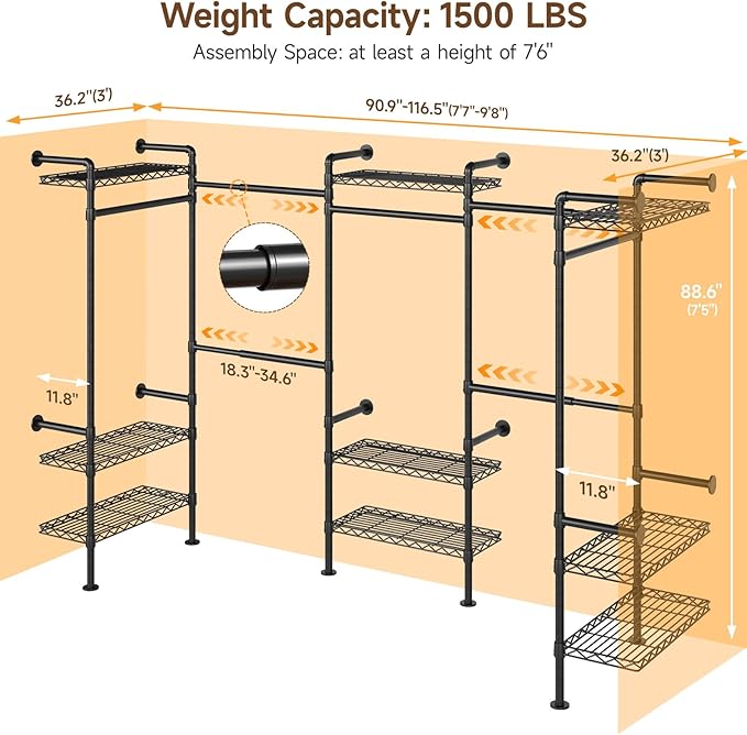 U5 Wall Mounted Closet System, Industrial Pipe Clothing Rack Garment Racks for Hanging Clothes, Heavy Duty Closet Organizers System in Wardrobe Closet, Black
