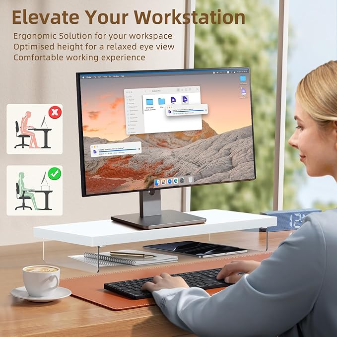 Monitor Stand Riser, Wood & Acrylic Computer Monitor Stand Desk Desktop Organizer Table for Home, Office Workspace, Laptop Riser, Printer, PC & TV Screen Riser