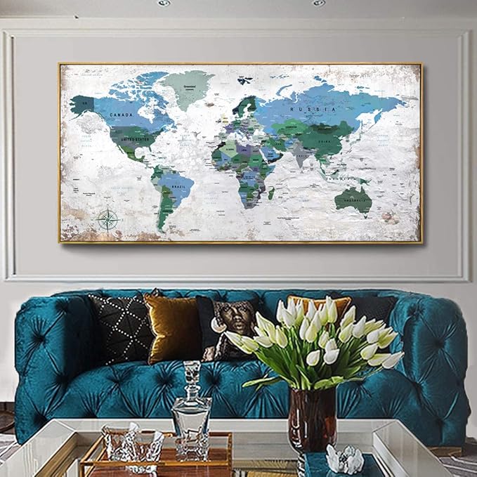 Framed Wall Art World Map Wall Art Canvas Picture 30inchx60inch Large Blue Map of The World Canvas Painting Artwork Prints for Office Wall Decor Home Living Room Decorations Framed Ready to Hang