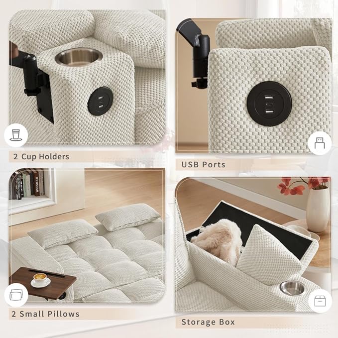 65'' Convertible Sleeper Sofa Bed with Adjustable Backrest, Chaise Lounge, Side Table & USB/Type-C Ports – Stylish & Functional Addition to Any Living Room (Modern Beige Sofa Bed)