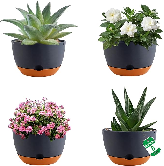 4 Pack Self Watering Pots for Indoor,8 Inch Plant Pot Outdoor Plastic Flower Pot with Drainage and Saucers(Grey)