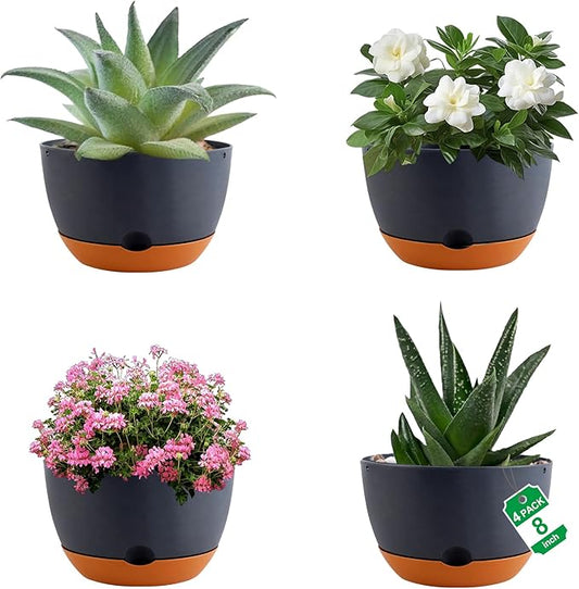 4 Pack Self Watering Pots for Indoor,8 Inch Plant Pot Outdoor Plastic Flower Pot with Drainage and Saucers(Grey)