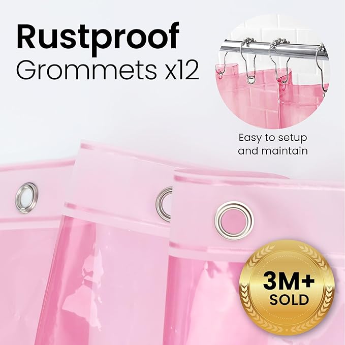 LiBa Bathroom Shower Curtain Premium PEVA Non-Toxic, Pink Clear Waterproof Plastic Shower Curtain Liner with Rust Proof Grommets 8G Bathroom Accessories 72x72