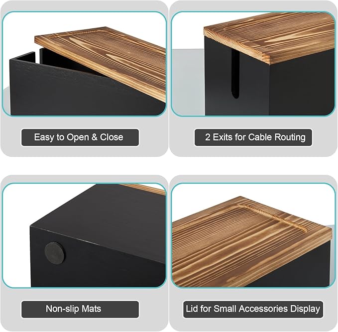Bivvclaz Large Cable Management Box, Wooden Cord Organizer Box for Desk, Floor, Office to Hide Extension Cords Power Stripes Surge Protectors Chargers Wires, Black