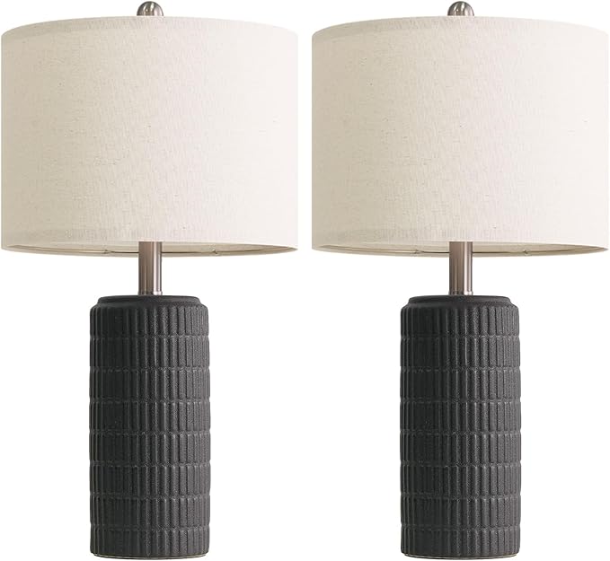PoKat 23" Matte-Textured Ceramic Table Lamps Set of 2 for Bedroom, Stone-Like Modern Bedside Lamps for Night Stands, Farmhouse Nightstand Table Lamps Decor for Living Room End Table Black