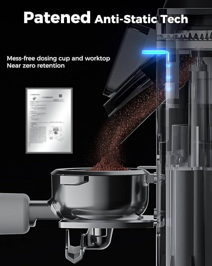 Tuni G1 Conical Burr Coffee Grinder, 48 Grind Settings Anti-static Burr Mill, Precision Electronic Timer and LED Touchscreen for Espresso/Drip/Cold Brew/French Press, Stainless Steel, Noir