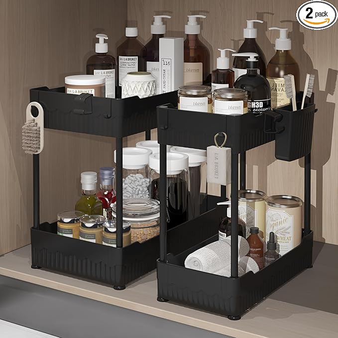 2 Pack Under Sink Organizer, Under Bathroom Cabinet Organizer with Hooks Hanging Cup, Multi-Purpose Storage Shelf for Kitchen Bathroom (Black, XL)
