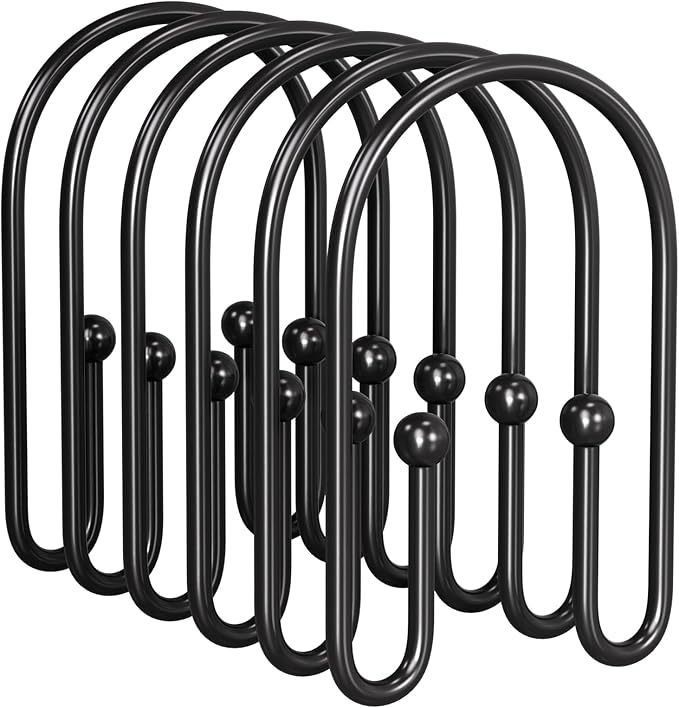 AmazerBath Shower Curtain Hooks, Simple Black Shower Curtain Hooks Rust Proof, Metal Shower Curtain Rings, Double Side Shower Hooks for Shower Curtain, Double Shower Hooks Rings Liner Bathroom, 12Pcs