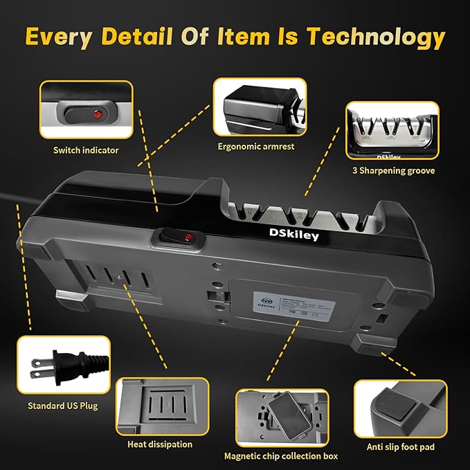 Electric Knife Sharpener for Kitchen – Professional 3-Stage 100% Diamond System with 20° Precision Angle, Fast Sharpening to Restore & Polish Chef Knives(Black)