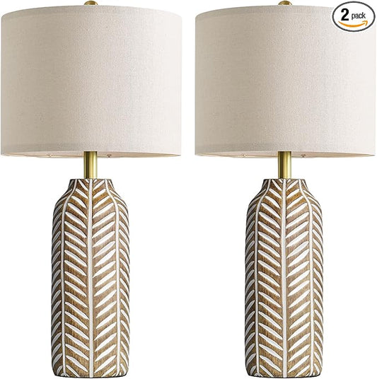 BOBOMOMO 26" Farmhouse Table Lamps Set of 2 - Vintage Leaf Design, Rustic Resin Nightstand Lamps for Bedroom, Living Room, Nursery, Hallway, Elegant Living Room Lamps with Linen Shades Antique Brown