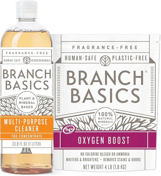 Branch Basics Concentrate (33.8 oz) + Oxygen Boost (2 lbs) | Multi-Surface All Purpose Cleaner Concentrate + Natural Stain Remover, Grout Cleaner | Human-Safe, Fragrance Free