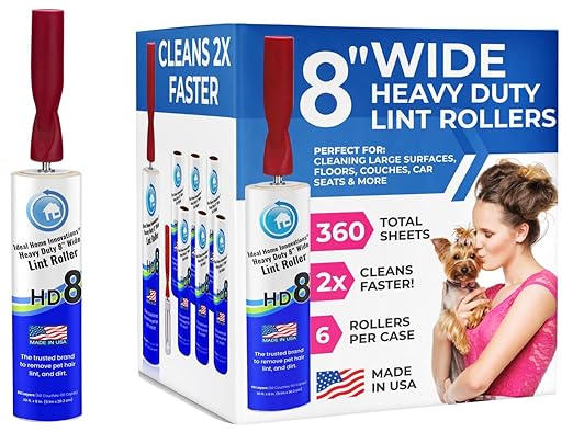 Made in USA – Heavy Duty 8” Wide Lint Roller 6-Pack, Extra Sticky Pet Hair Remover for Clothes, Carpets, Furniture & Car – Dog & Cat Hair Lint Remover with Easy Peel Sheets, Total 360 Sheets