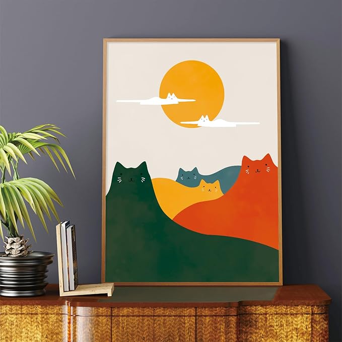 CHDITB Mountain Cats Framed Canvas Wall Art Set Of 3, Abstract Line Nature Landscape Wall Decor, Neutral Animal Wall Painting, Midcentury Modern Art Prints For Cat Lovers Living Room Decor-12 X16
