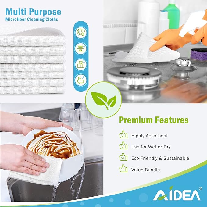 AIDEA White Microfiber Cleaning Cloth 24PK, Absorbent Cleaning Rags for Housekeeping, Lint Free, Scratch Free Wash Cloths, Microfiber Towels, Dish Towels White, Bar Rags, 11.5"x 11.5"