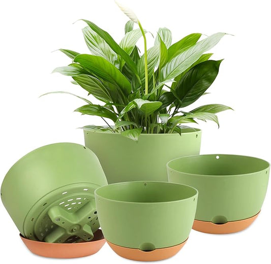 8/8/10/12 Inch Pots for Indoor Plants, 4 Pack Large Self Watering Planters with Drainage and Saucers, Plastic Outdoor Flower Pot(Green)