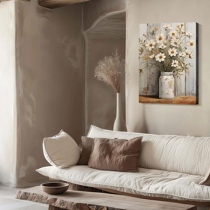 Framed Daisy Jar Vintage Flowers Wall Art Decor Canvas Print Country Poster Gallery Picture Country Plants Farmhouse Art Painting Kitchen Bathroom Living Room Decor 12x16 Inch Ready to Hang