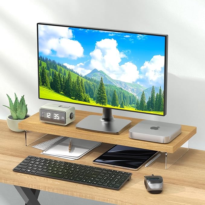Monitor Stand Riser, Wood & Acrylic Computer Monitor Stand Desk Desktop Organizer Table for Home, Office Workspace, Laptop Riser, Printer, PC & TV Screen Riser