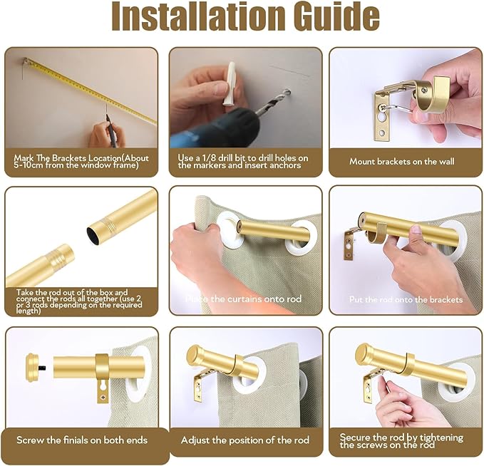 "Gold Wrap Around Industrial Curtain Rod, 66-120 Inches Adjustable, 1-Inch Diameter, Indoor and Outdoor Use"