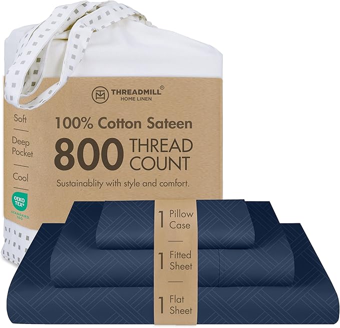 Threadmill Twin Sheets for Twin Mattress | 800 Thread Count Jacquard Folkstone Blue Sheets | 100% Cotton 3 Piece Bed Sheets | Extra Long Staple Cotton | Cotton Sheet with Elasticized Deep Pocket