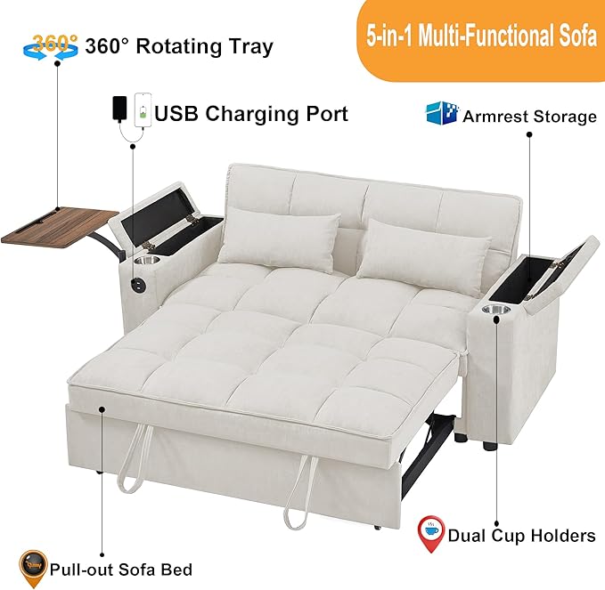 65'' Convertible Sleeper Sofa Bed with Adjustable Backrest, Chaise Lounge, Side Table & USB/Type-C Ports – Stylish & Functional Addition to Any Living Room (White)