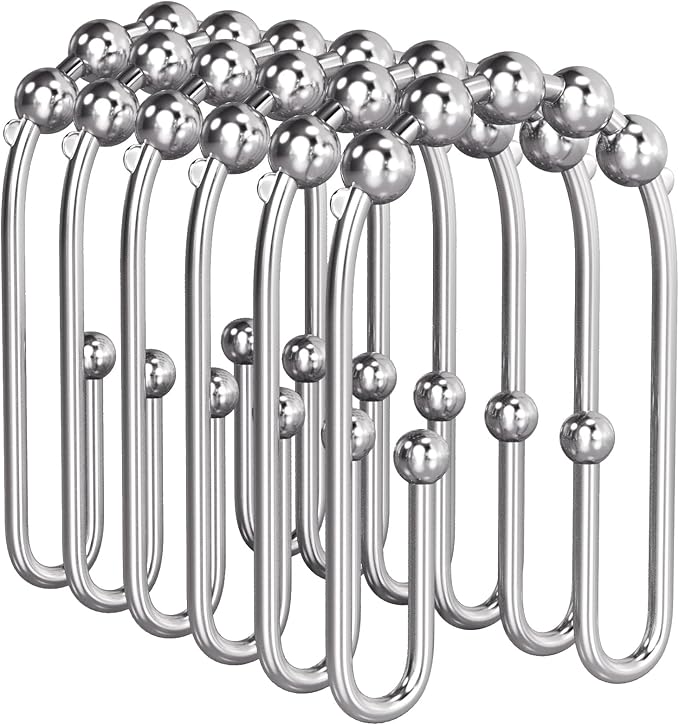 AmazerBath Shower Curtain Hooks Chrome Metal Shower Curtain Rings Rust Proof, Double Sided Shower Curtain Hooks for Shower Curtain Liner Smooth Shower Hooks Rings for Bathroom, Shower Rod Hook 12Pcs
