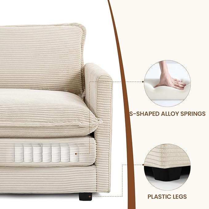 ROWHY 78'' Sectional 2 Seat Cloud Loveseat with 2 Throw Pillows, Modern Corduroy Love Seat, Cozy Sofa for Living Room, Office and Bedroom, Beige