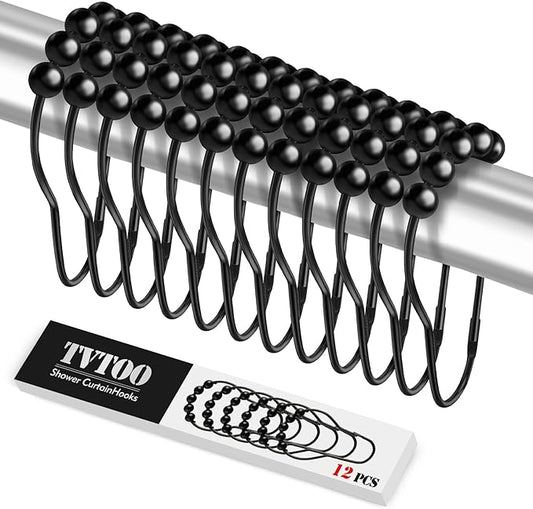 12PCS Shower Curtain Hooks, Shower Curtain Rings Black Rust Proof for Bathroom Shower Rods, Metal Shower Hooks Smooth＆Quick Sliding