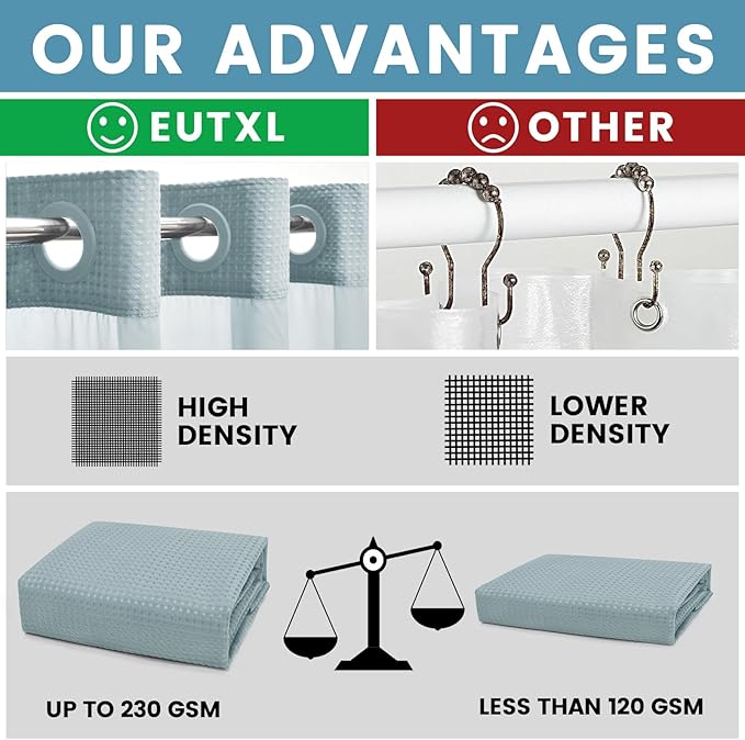 Fog Blue No Hook Shower Curtain with Snap in Liner,230GSM Waffle Weave Shower Curtains for Bathroom,71W x 74H