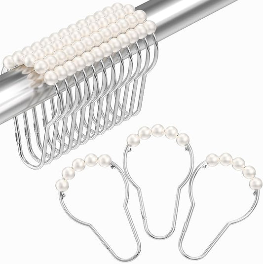 Amazer White Shower Curtain Hooks, Shower Curtain Hooks, Decorative Stainless Steel Shower Curtain Hooks for Bathroom, 12 PCS Shower Hooks for Curtain, Decorative Shower Hooks for Shower Curtain