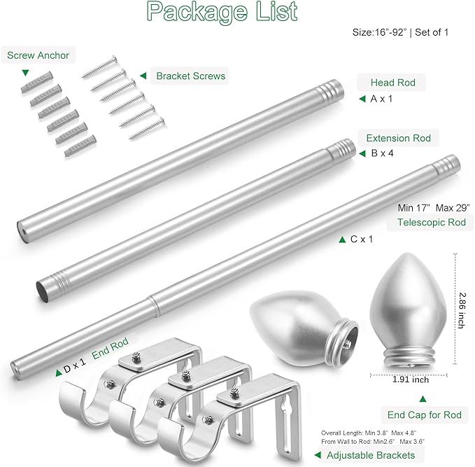 Curtain Rods for Windows 16 to 92 inches, Curtain Rod Max Adjustable Length to 104 in, Drapery Rod 1 inch Diameter with Modern Knobs Finials (Satin Silver, 16" to 92" - Set of 1)