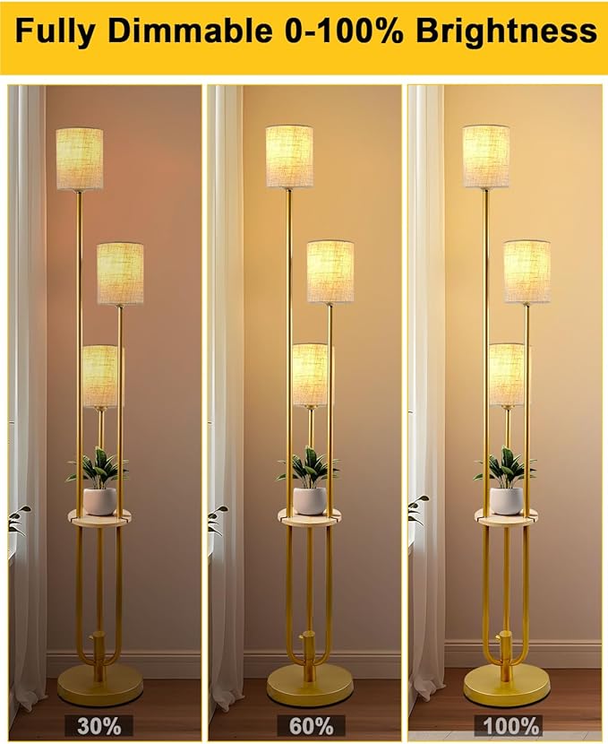 Lightdot Floor Lamp with Table and Shelves for Living Room Bedroom Shelf Floor Lamps with Linen Shade Dimmable Standing Lamp Vintage Retro Midcentury Gold Tall Floor Lamp Candle Holder Style