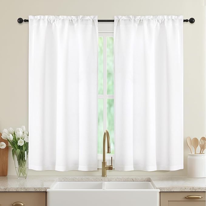 White Kitchen Curtains 45 Inch Length 2 Panels, Light Filtering Faux Linen Textured Short Kitchen Window Curtains Over Sink, Half Curtain Tiers for Cabinet Bathroom Basement, 30Wx45L Inch